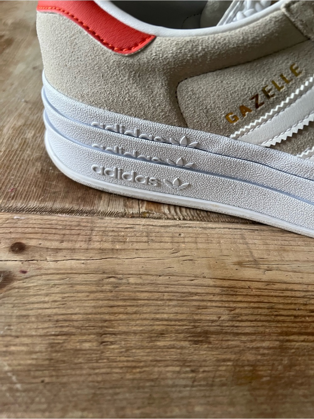 adidas Beige Suede Platform Sneakers with White Stripes and Red Heel - Picture 7 of 13